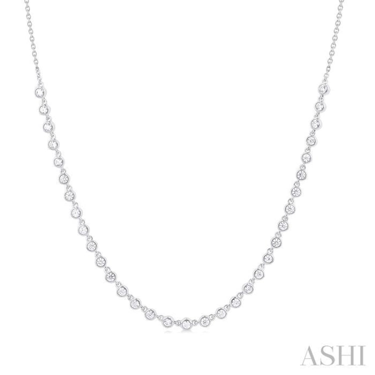 3/4 ctw Halfway Bezel Set Round Cut Diamond Tennis Necklace in 14K White Gold