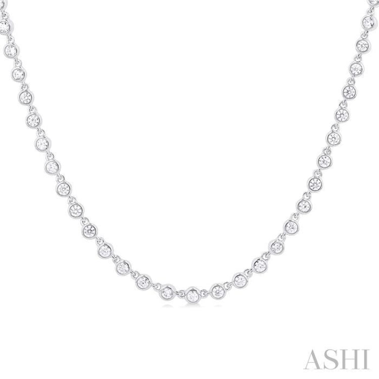 3/4 ctw Halfway Bezel Set Round Cut Diamond Tennis Necklace in 14K White Gold