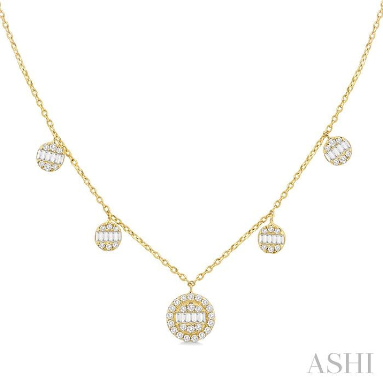 3/8 ctw Circular Shaped Danglers Fusion Baguette and Round Cut Diamond Station Necklace in 10K Yellow Gold