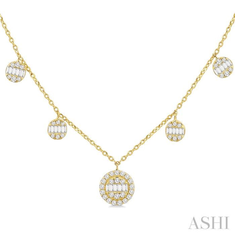 3/8 ctw Circular Shaped Danglers Fusion Baguette and Round Cut Diamond Station Necklace in 10K Yellow Gold