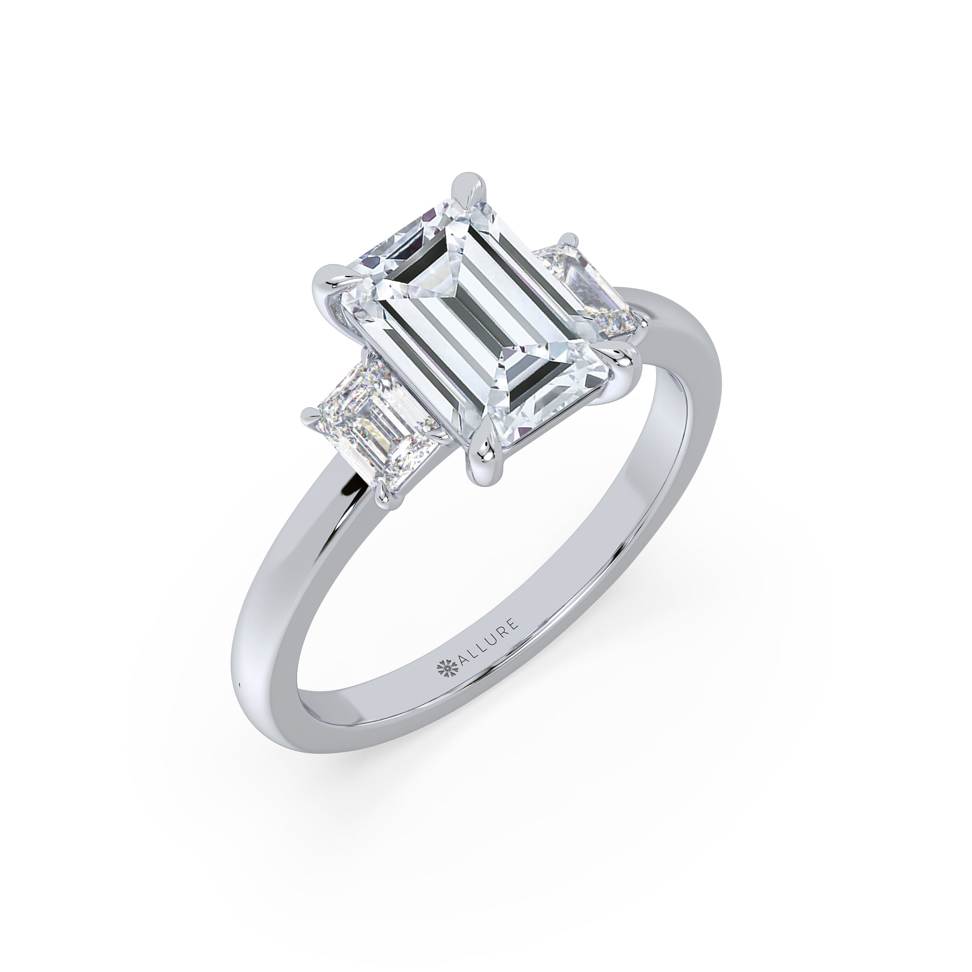 Diamond Engagment Ring set With Emerald Cut Diamond & Emeral Cut Side Diamonds