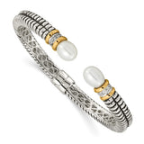 Couture Sterling Silver with 14K Accent Antiqued Freshwater Cultured Pearl and Diamond Hinged Cuff Bracelet