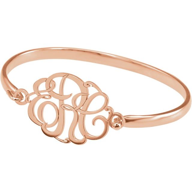 14K Rose Gold-Plated Sterling Silver 30 mm 3-Letter Script Monogram Bangle 6 1/2" Bracelet Rose Gold - Luvona