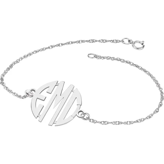 14K White 20 mm 3-Letter Block Monogram Bracelet - Luvona