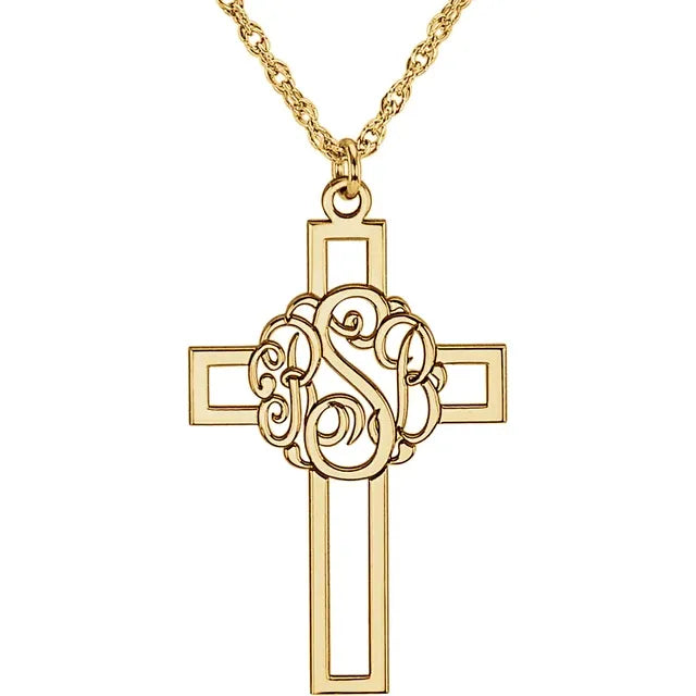 14K White 29x19 mm 3-Letter Script Monogram Cross Necklace - Luvona