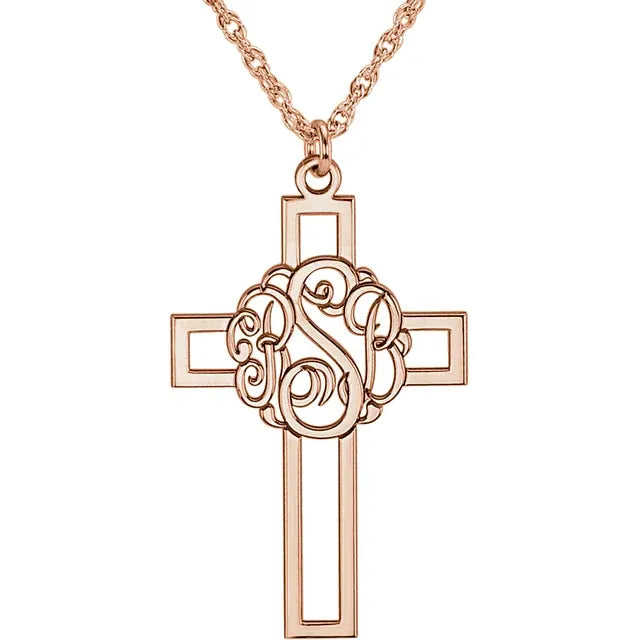 14K White 29x19 mm 3-Letter Script Monogram Cross Necklace - Luvona