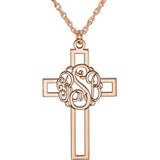 14K White 29x19 mm 3-Letter Script Monogram Cross Necklace - Luvona