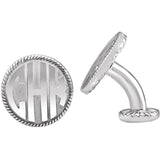 Sterling Silver 16.5 mm 3-Letter Block Monogram Cuff Links with Rope Border - Luvona