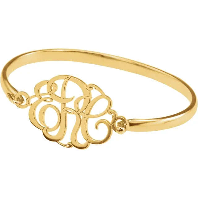 14K Rose Gold-Plated Sterling Silver 30 mm 3-Letter Script Monogram Bangle 6 1/2" Bracelet Yellow Gold- Luvona