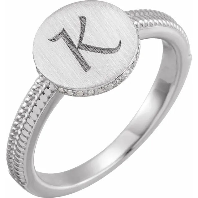 14K White Natural Diamond Ladies Signet Ring - Luvona