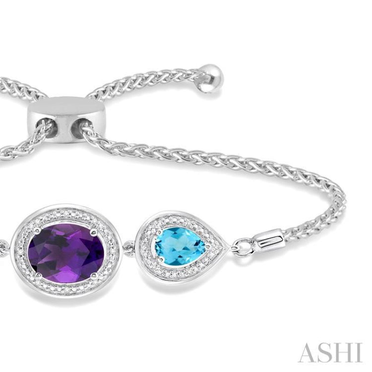 Silver Oval & Pear Shape Gemstone & Diamond Lariat Bracelet