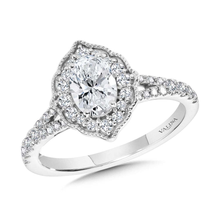 Oval-Cut Diamond & Vintage Milgrain-Beaded Halo, Split Shank Engagement Ring