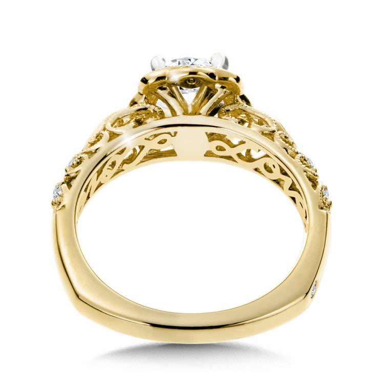 Diamond engagement ring mounting with milgrain and "love" letters detailing and side stones set in 14k yellow gold.