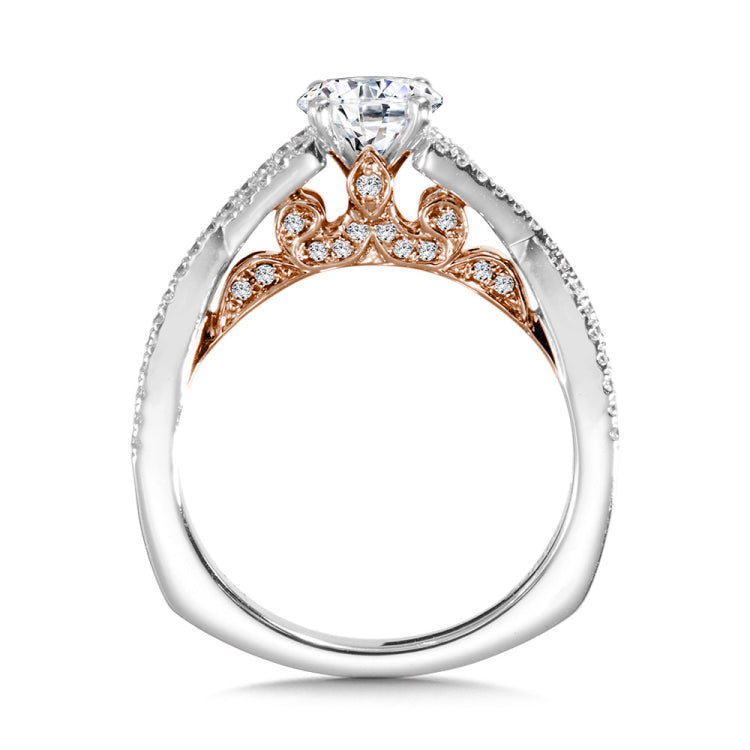 Diamond engagement ring mounting in 14k white gold.