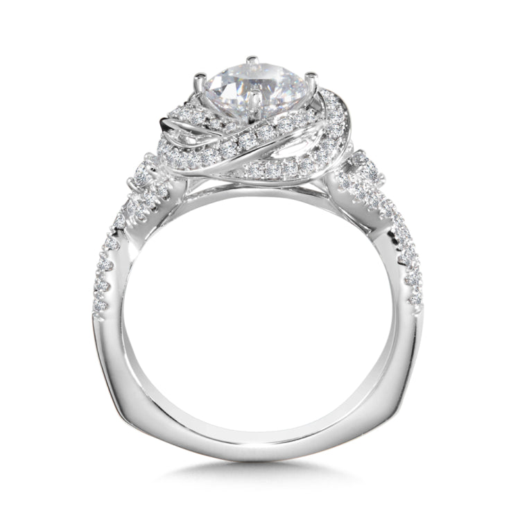 Diamond halo engagement ring mounting in 14k white gold.