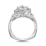 Diamond halo engagement ring mounting in 14k white gold.