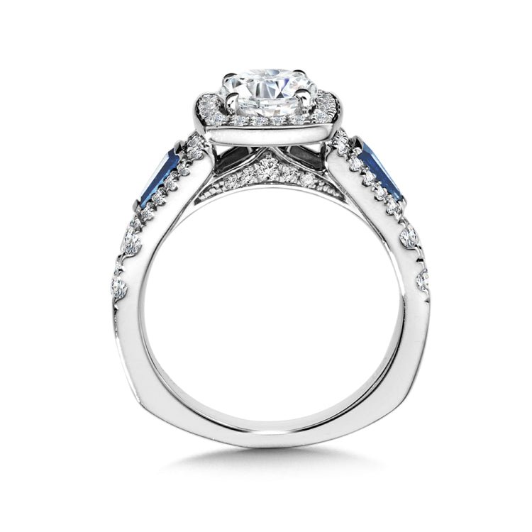 Wide Tapered-Baguette Sapphire & Cushion-Shaped Diamond Halo Engagement Ring w/ Stylized Diamond Undergallery