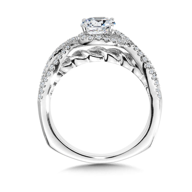 Crisscross Diamond Halo Engagement Ring W/ Polished Gold Spiral Undergallery