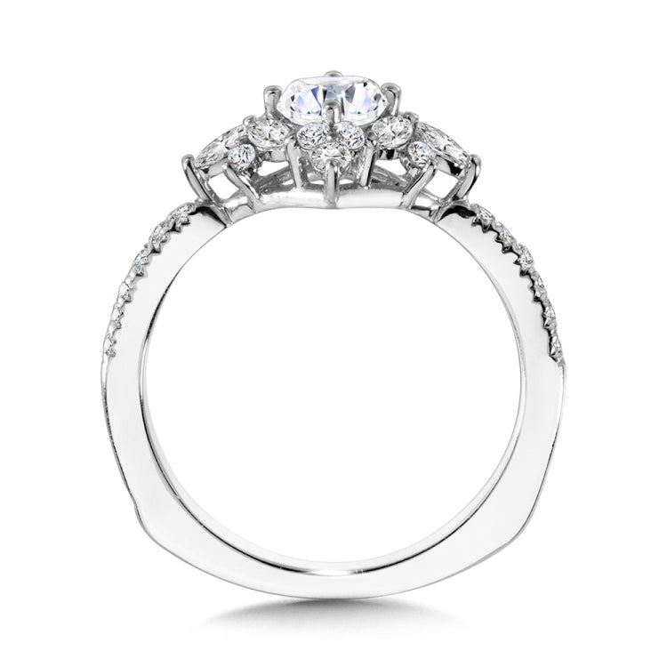 Marquise-Accented Sun Burst Tapered Diamond Halo Engagement Ring