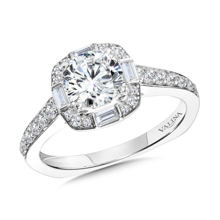 Baguette-Accented Cushion-Shaped Halo Diamond Engagement Ring W/ Channel-Set Illusion