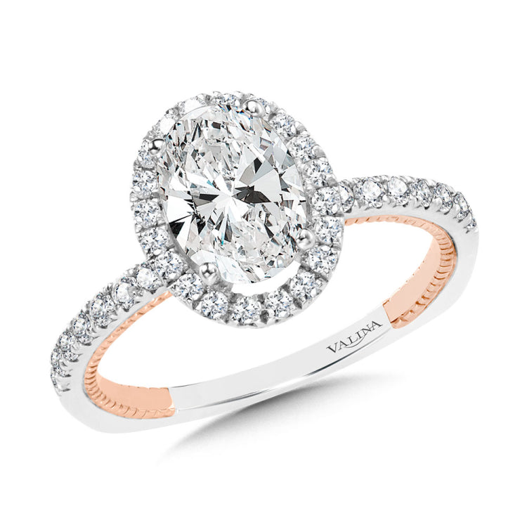 Oval-Cut Two-Tone & Milgrain-Beaded Hidden Halo, Diamond Halo Engagement Ring