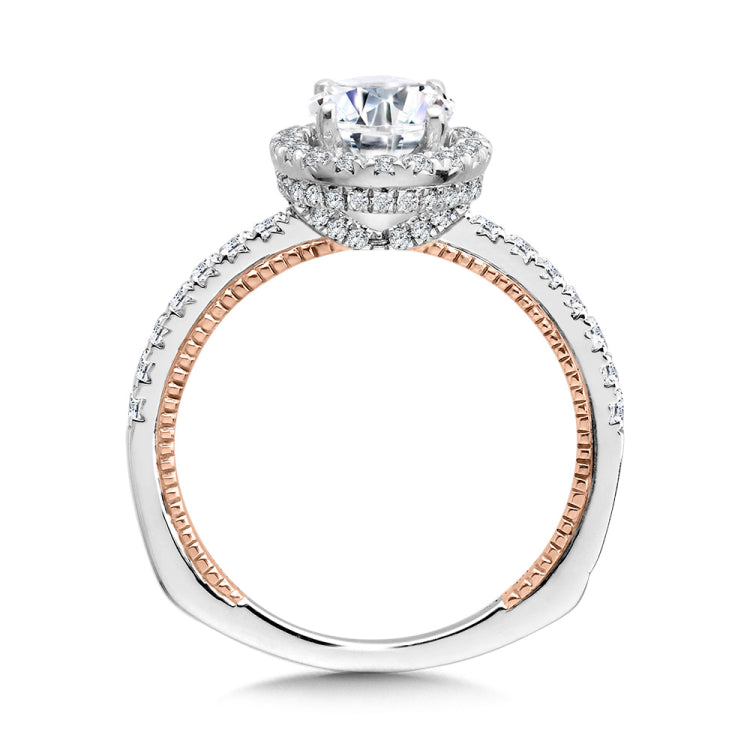 Oval-Cut Two-Tone & Milgrain-Beaded Hidden Halo, Diamond Halo Engagement Ring