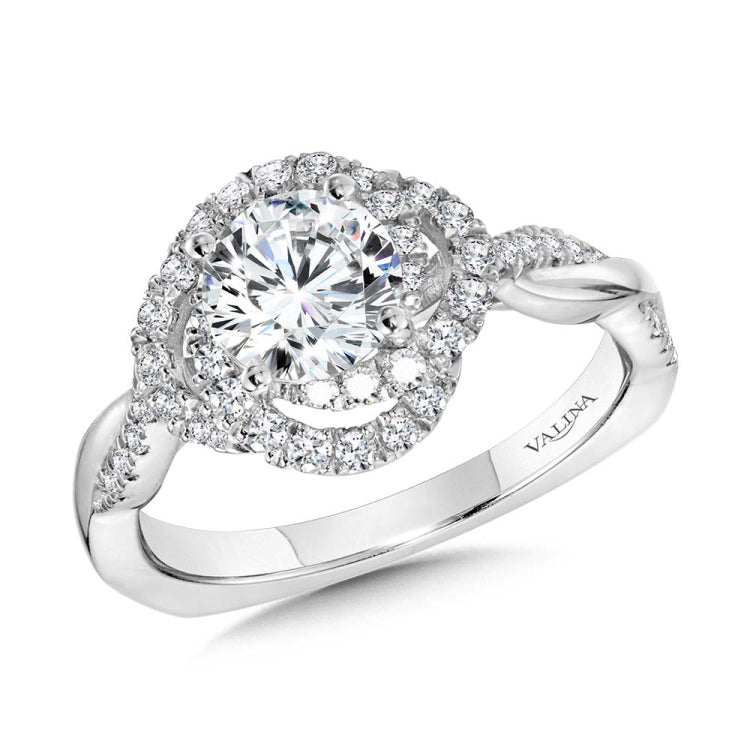 Crisscross Shank & Spiral Halo Diamond Engagement Ring