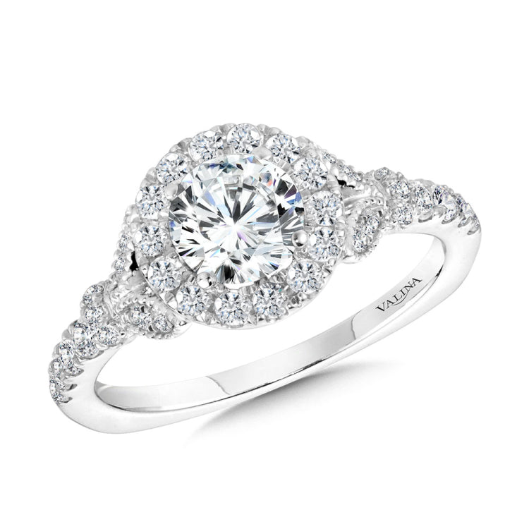 Tapered & Milgrain-Beaded Round Diamond Halo Engagement Ring