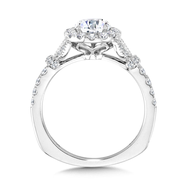 Tapered & Milgrain-Beaded Round Diamond Halo Engagement Ring