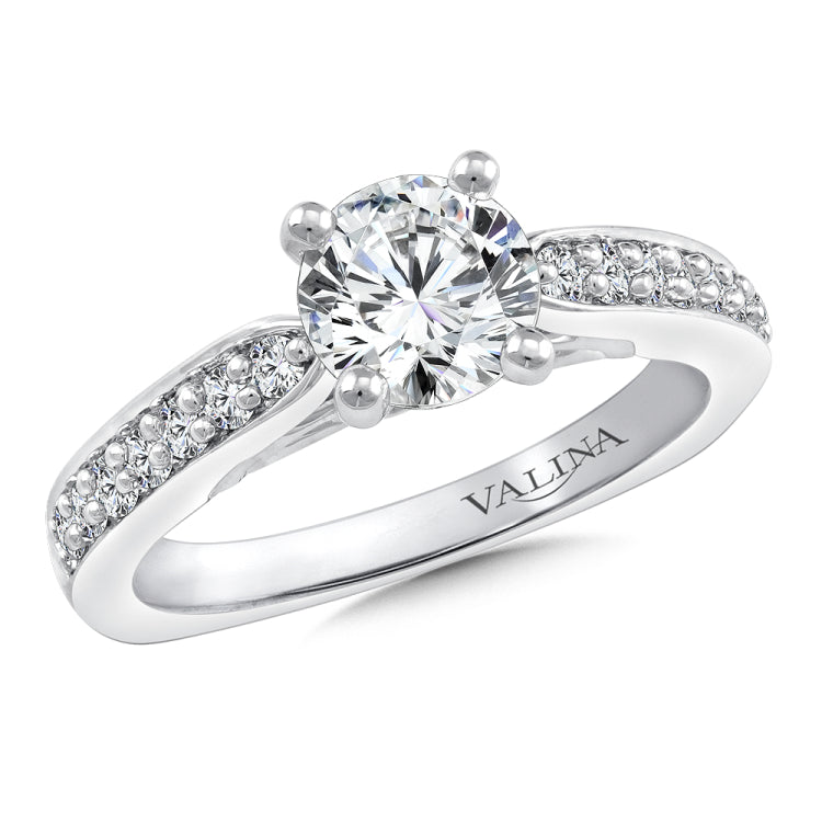 Diamond engagement ring mounting with side stones set in 14k white gold.