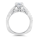 Diamond engagement ring mounting with side stones set in 14k white gold.