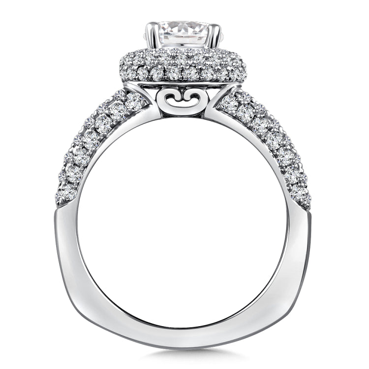 Diamond halo engagement ring mounting with "pillow" shape halo and side stones set in 14k white gold.