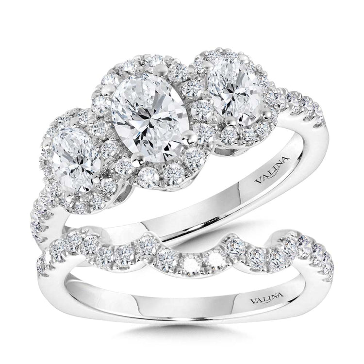 Oval-Cut 3-Stone Diamond Halo Engagement Ring