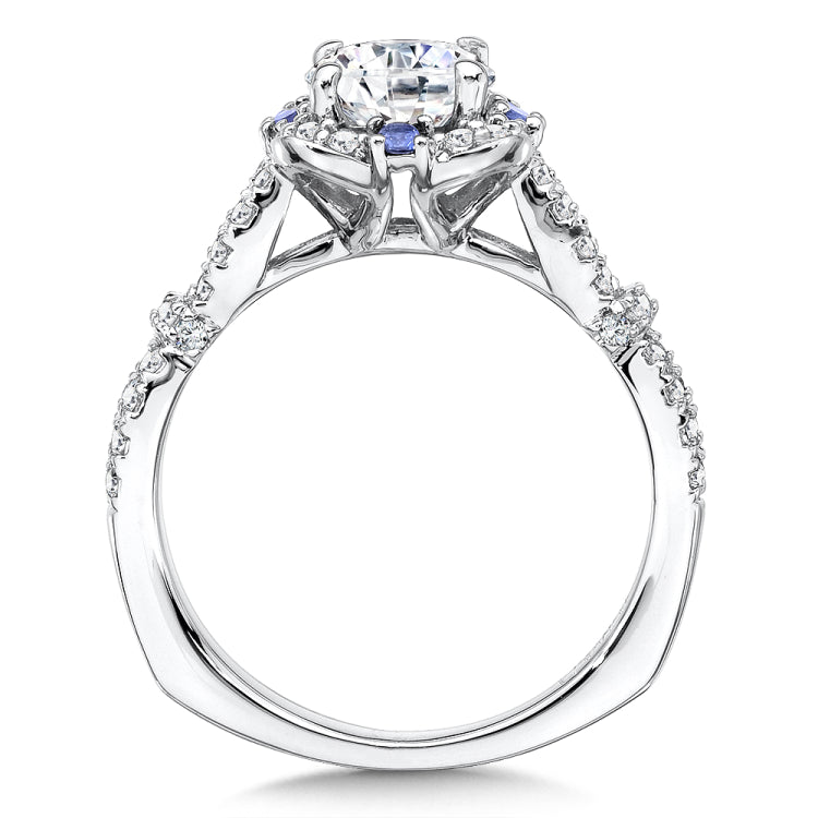 Floral Diamond And Blue Sapphire Halo Engagement Ring