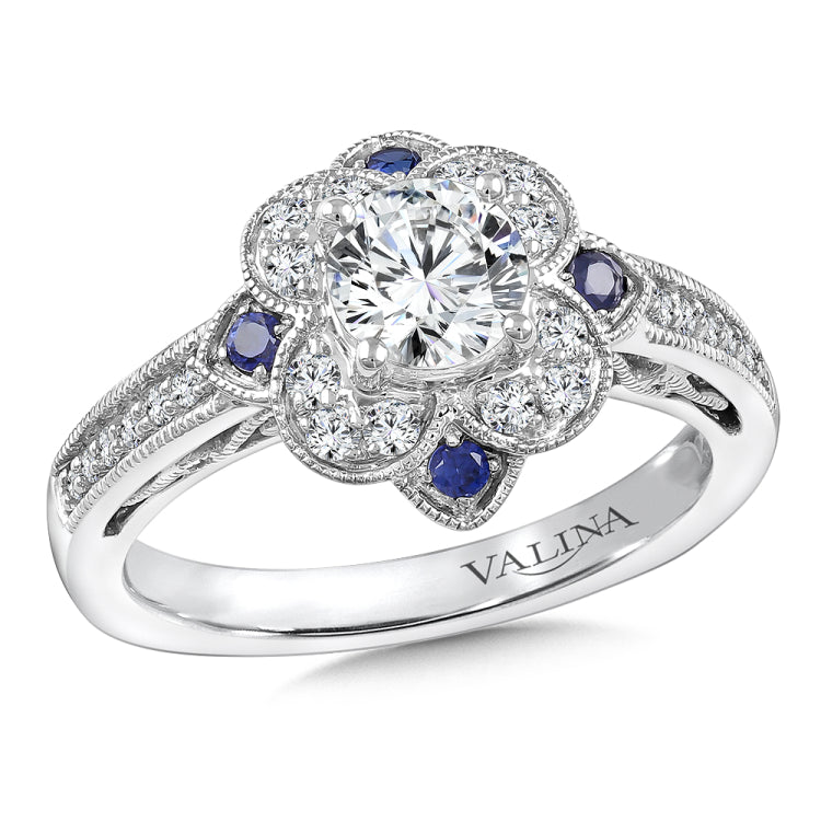 Floral Diamond And Blue Sapphire Halo Engagement Ring
