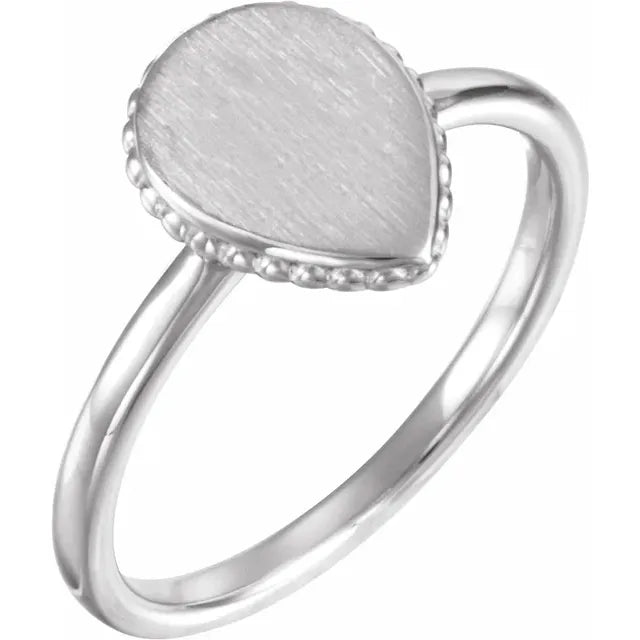 14K White Gold 12x9 mm Teardrop Beaded Signet Ring - Luvona